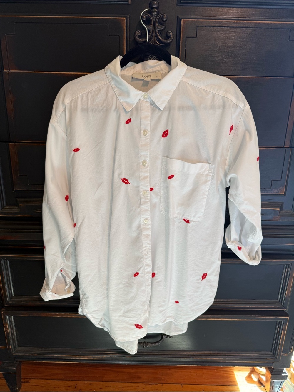 LOFT White Button-Down Shirt with Red Lip Motif